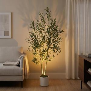 5ft (150 cm) Artificial Olive Tree with White Pot, Moss & USB LED 711 Leaves, 40 Olives, Realistic Fake Indoor Potted Plant for Home, Bedroom, Office & Living Room Decor