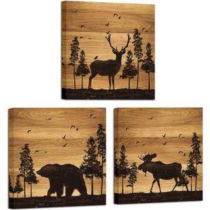 Apicoture Bear Elk Moose Wall Pictures Forest Landscape Hunting Theme Woodland Animal Painting Framed Canvas Artwork Farmhouse Wall Decor 12"x12"x3 Panels