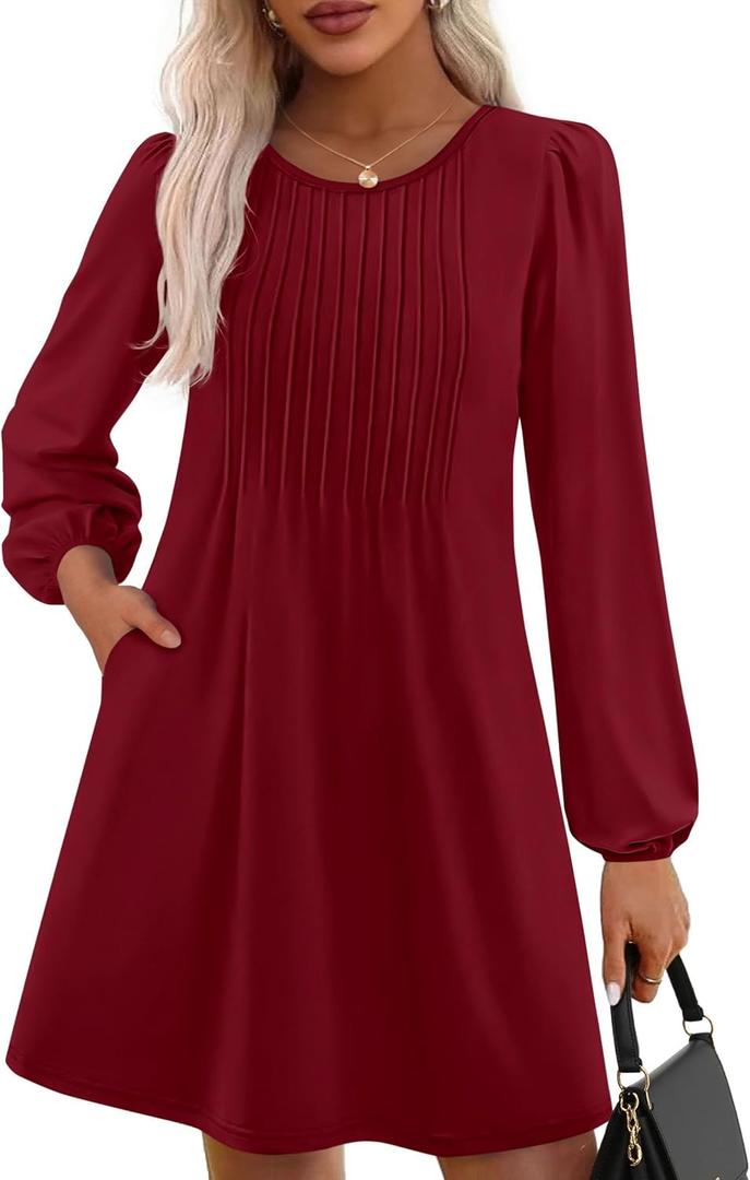 PRETTYGARDEN Fall Dresses for Women 2025 Long Sleeve Mini Short Flowy A Line Casual Holiday Party Tunic Dress Fashion Clothes (Burgundy, X-Large)