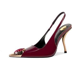 CAGLGLZ Women's Slingback Stiletto High Heels Crystal Metallic Closed Pointed Toe Pumps Patent Leather Slip on Elastic Strap 4 inch Heeled Sandals Fashion Party Dress Shoes for Women (7.5, Burgundy)