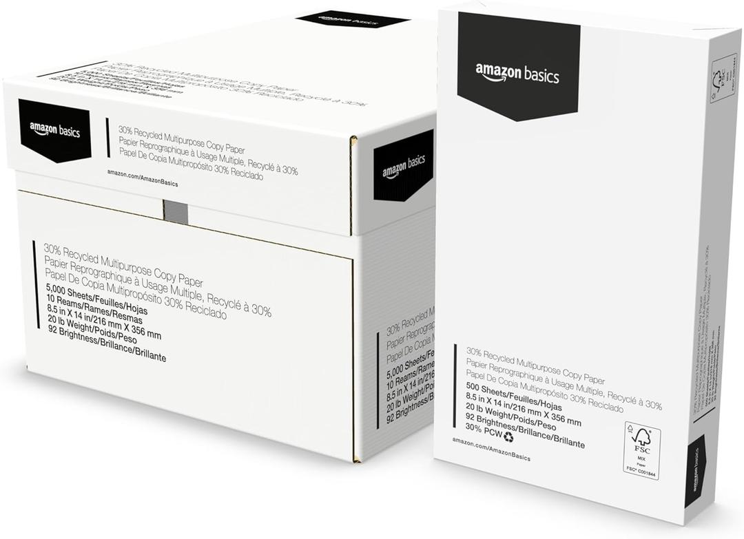 30% Recycled Multipurpose Copy Printer Paper, 8.5 x 14, 20 lb, 10 Ream, (5,000 Sheets), 92 Bright, White