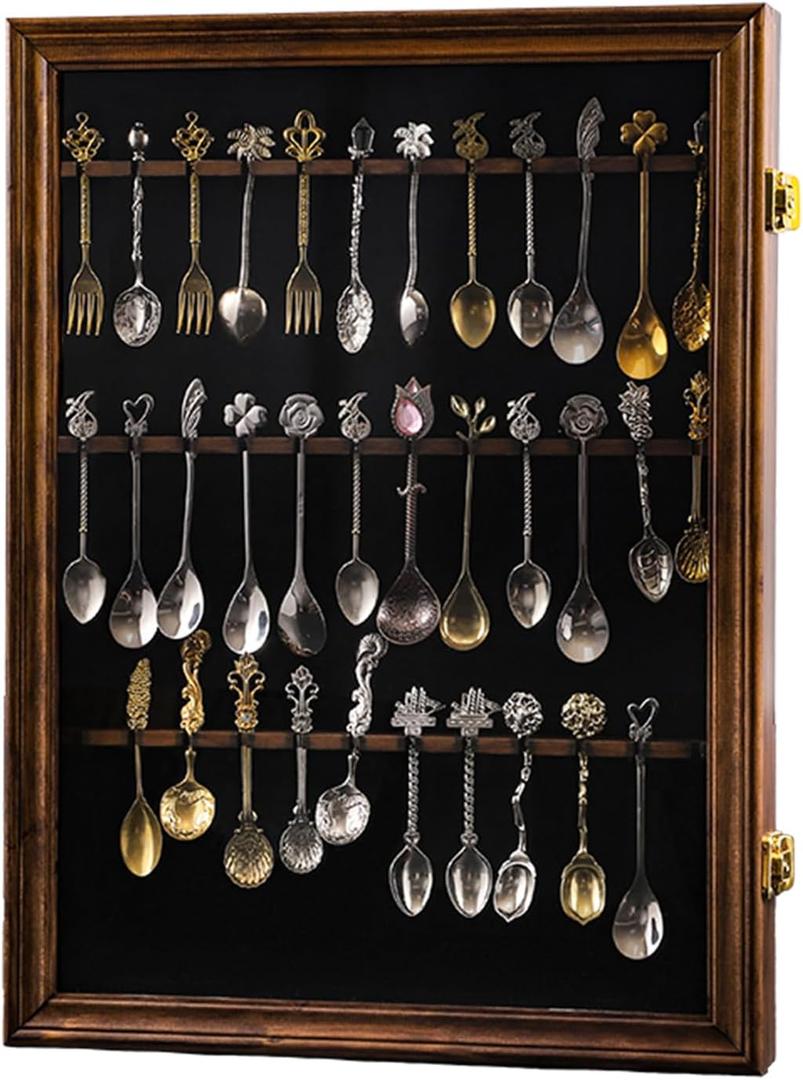 36 Souvenir Tea Spoon Display Case Collection Collector Rack Wall Mount Wooden w/98% UV Acrylic Door LockableFire Burning Color (36Spoon)