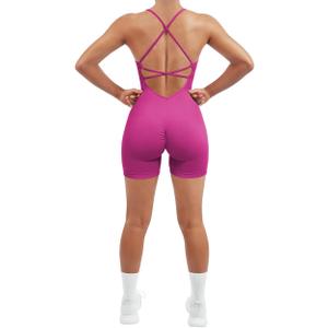 SUUKSESS Women Strappy Romper Seamless Jumpsuit Tummy Control Padded Sports Bra (Pink, M)