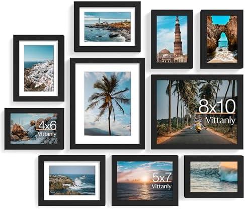 Vittanly 10 Pack Picture Frames Collage Wall Decor, Gallery Wall Frame Set for Wall or Tabletop Display, Engineered Wood and Shatter-resistant Plexiglass, Multi Sizes with 8x10, 5x7, 4x6 Frames, Black