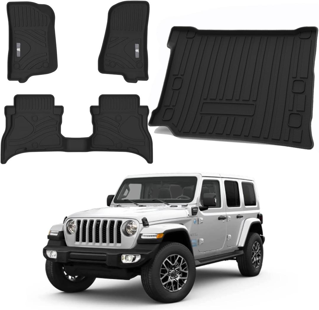 Floor Mats & Cargo Mat for Jeep Wrangler 4XE 2021-2024 2025, All Weather Floor Liners for Front/Rear/Cargo Custom Fit for Jeep Wrangler 4XE 4 Door Accessories Floor Mats & Cargo Mat for Jeep Wrangler 4XE 2021-2024 2025, All Weather Floor Liners for Front/Rear/Cargo Custom Fit for Jeep Wrangler 4XE 4 Door Accessories
