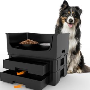 Mess Proof Pet Bowls, No Mess Dog Food and Water Bowl, Pet Feeding Station with 2 Stainless Steel, Spill-Proof Pet Feeder for Medium and Large Dog, Black