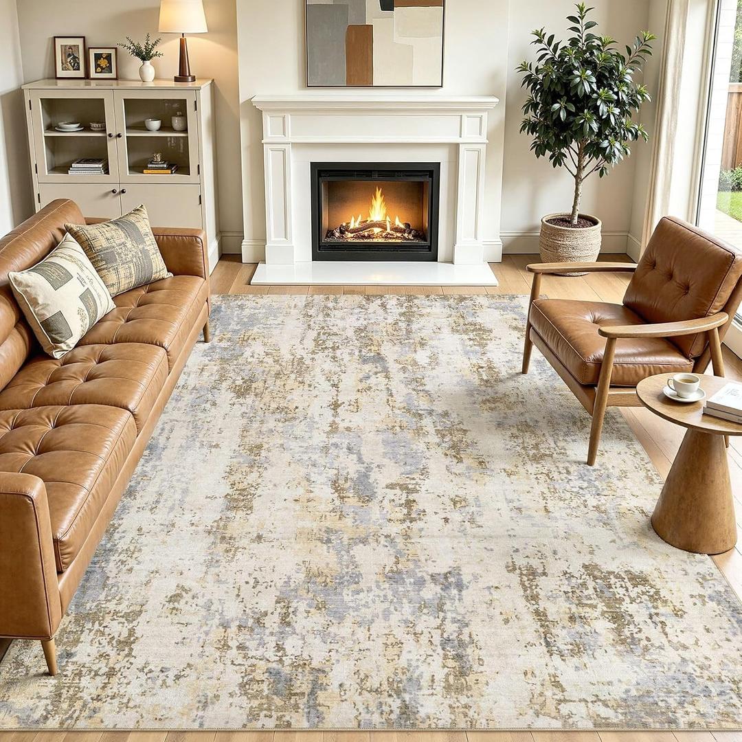 7x9 Area Rugs Living Room Washable Rug, Abstract Brown Grey