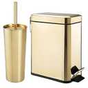 mDesign Metal Freestanding Slim Toilet Bowl Brush and Holder + Rectangle Narrow 5 Liter / 1.3 Gallon Step Pedal Trash Can Wastebasket for Bathroom - Small, Compact Design - Set of 2 - Soft Brass