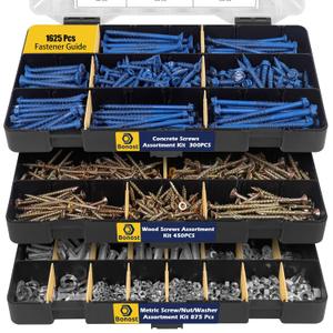 Hardware Concrete Assortment Kit 1625 Pcs- Concrete Screw Set with Assorted Nuts, Bolts, and Wood Screw (3 Trays)
