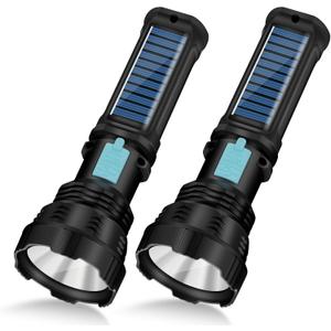 Led Solar Flashlight, 1500 Lumens Led Solar Handheld Rechargeable Flashlights with IP65 Waterproof, 2000mAh Battery for Survival Emergencies Camping (2 Packs)