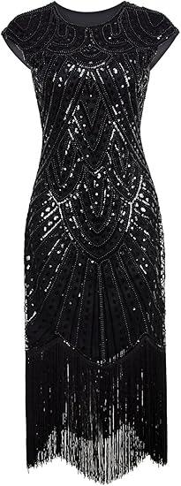 Vijiv 1920's Long Prom Dresses Beaded Sequin Art Nouveau Deco Flapper Dress Pure Black L
