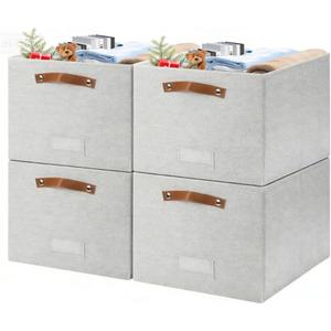4 Pack Large Fabric Storage Bins for Shelves, Collapsible Storage Baskets with Handles for Organizing Clothes, Toys, and Household Items, Grey & White (Light Gray, 13")
