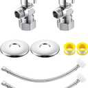 2 Pack Complete Toilet Valve Kit, Includes 1/2'' Nom Inlet x 3/8'' OD Compression Outlet Angle Shut Off, 3/8" COMP x 7/8" BC Toilet Water Supply Line, Escutcheon Plate, Sealing Tape (12 Inch)