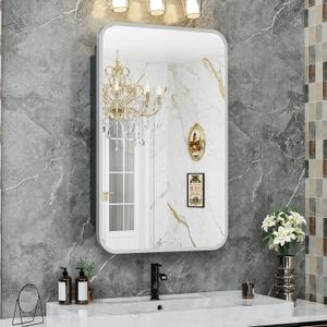 ACEMIRO 16x24 Inch Medicine Cabinet with Mirror Brushed Silver Metal Framed Recessed Bathroom Mirror Medicine Cabinet Wall Mounted