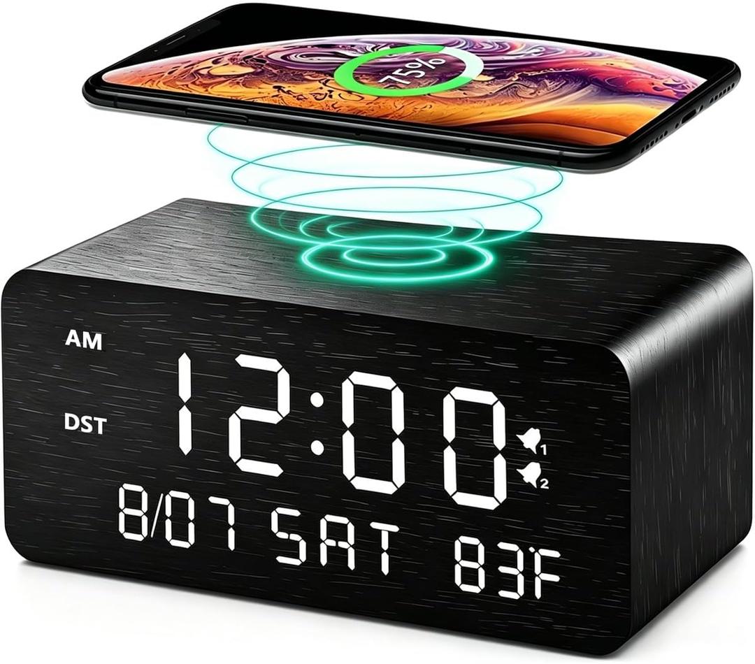 Wooden Digital Alarm Clock with Wireless Charging, 0-100% Adjustable Brightness Dimmer and Alarm Volume, Weekday/Weekend Mode, Dual Alarm, Snooze, 12/24H, Wood LED Clock for Bedroom (Black)
