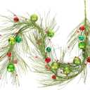 6FT Christmas Garland Winter Red Berries Christmas Tree Garland with Berries Cones Balls Ornament, Red Shiny Balls Holiday Decoration Indoor/Outdoor, Flocked with Mixed Decor (Multicolor, 180cm)