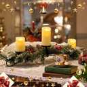 Christmas Candle Holder with 3 Electric Candles, Tabletop Decoration for Christmas Home Decor, Holiday Party Table Decorations Candle Holder with Pine Cone, Red Ball, Pine Needle