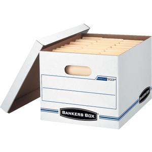 Bankers Box 4  Pack STOR/FILE Basic Duty File Storage Boxes, Standard Assembly, Lift-off Lid, Letter/Legal, White/Blue