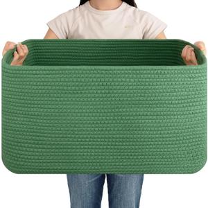 OIAHOMY 75L Large Blanket Basket, Woven Cotton Rope Baskets for Organizing 22x17x12, Blanket Basket living Room, Toy Storage Bins for Nursery, Green
