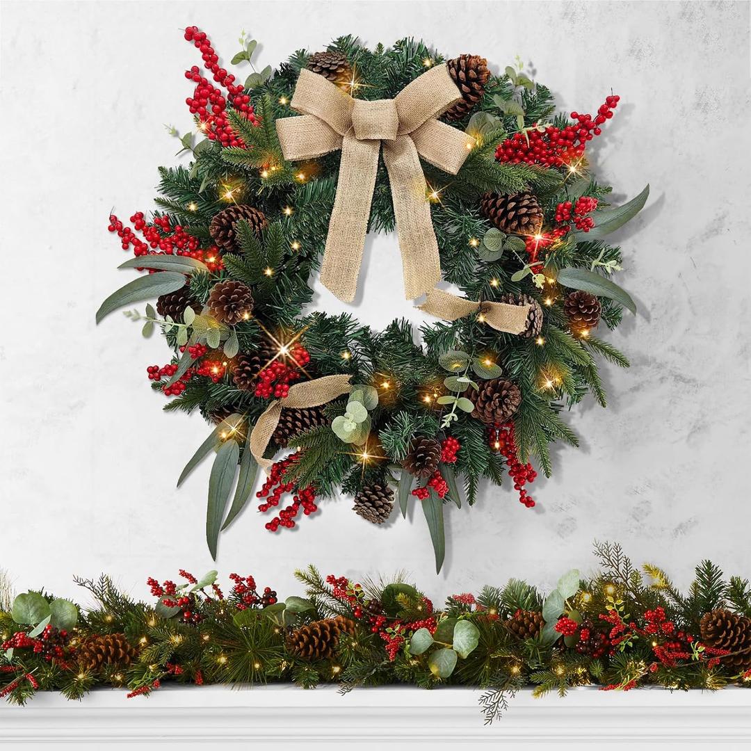 Christmas Lighted Wreath for Front Door, 28 Inches Pre-Lit 35 LED Lights, Natural Pine Cones Artificial Holiday Wreath for Indoor Outdoor Home Decorations (Farmhouse)