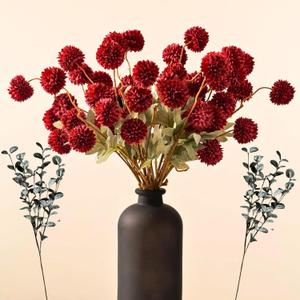 RyddeligHome Faux Red Flowers Artificial 10 Long Stems + Eucalyptus, Burgundy Colored Silk Mum Flowers for Decor, Fall Table Centerpieces, Dark Red Faux Mums