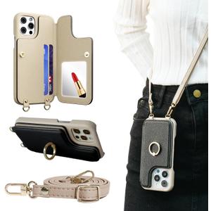Crossbody Wallet Case for iPhone 15 Pro, Card Slot Phone Case with 360 Ring Stand, Built-in Makeup Mirror, Snap Closure, Adjustable Shoulder Strap, 6.1 Inch (Black)