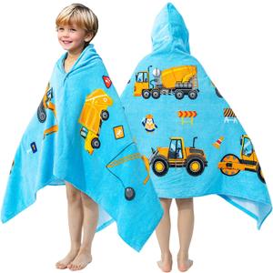 100% Cotton Hooded Towel for Toddlers 5-12 Years Boys Girls 60"x30" Extra Large Wearable Wrap Kids Bath Pool Beach Towel Soft Absorbent Beach Poncho (Construction Site, XL, Blue)