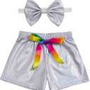 Baby Girls Metallic Shorts Sparkle Shiny Toddler Shorts PU Faux Leather Elastic Waist with Cute Headbands (8 Years, Metallic Rainbow Silver)