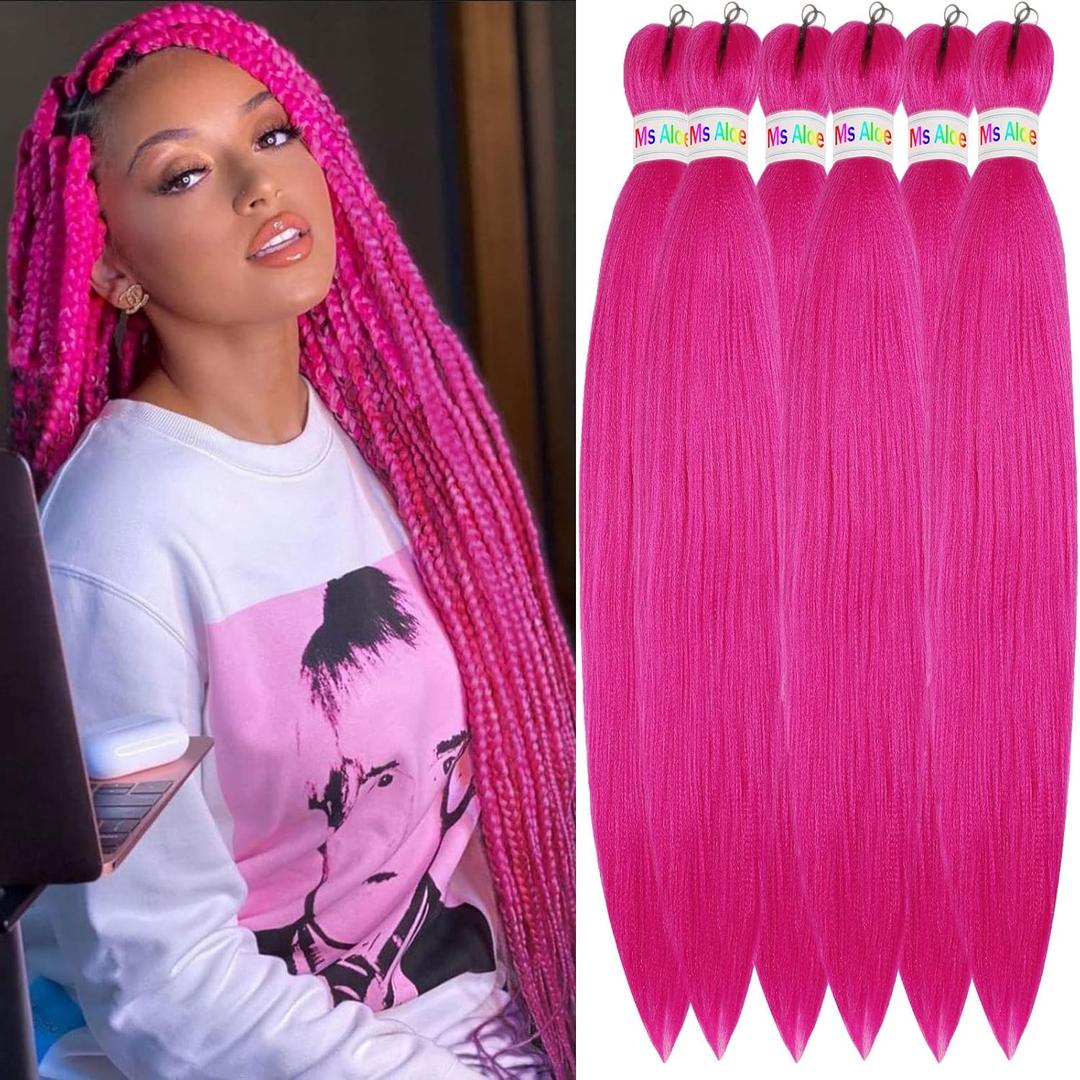 6 x 6Pack Pre Stretched Braiding Hair Hot Pink Braid Hair Prestretched Braiding Hair Box Braiding Hair Magenta Pink Braiding Hair Pre Stretched 26ich