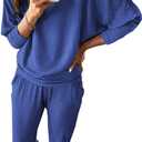 PRETTYGARDEN Women's Fall 2 Piece Lounge Set Long Sleeve Tops Ribbed Pants Spring Matching Sweatsuit Travel Outfits Clothes (2X-Large, Blue)