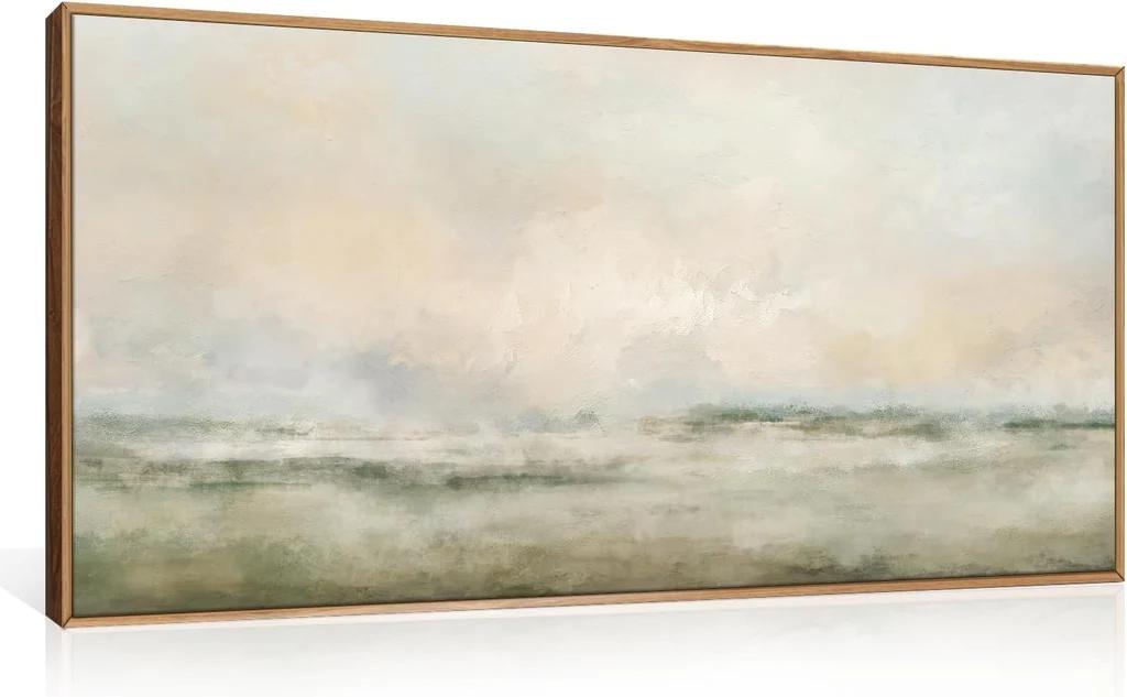 Abstract Natural Landscape Framed Canvas Wall Art Set, Watercolor Tan Green Beige Wall Decor, Minimalist Neutral,  40x20In