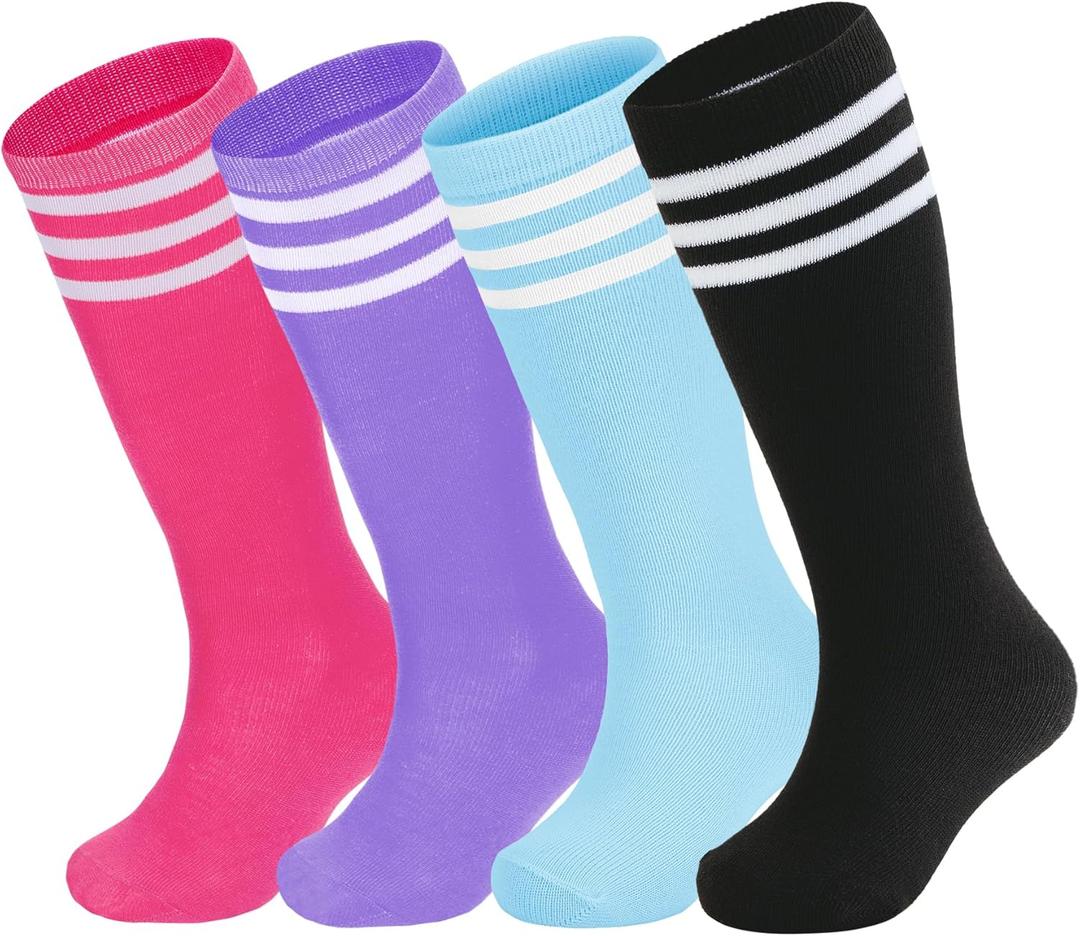 Zando 4 Pairs Kids Soccer Socks Baseball Softball Youth Athletic Boys Girls Knee High Socks (10-12 Years, Blue/Purple/Pink Black)