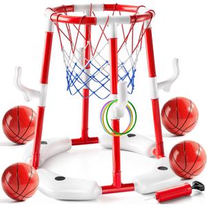 Swimming Pool Basketball Hoop Toy for Kids 2 3 4 5 6 Years Old - Floating Pool Basketball Game Toys with 4 Balls Air-Pump, Outdoor Play, Poolside Summer Water for Boys Girls Age 4-8-12 (Red)