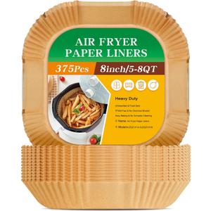 375Pcs Air Fryer Paper Liners, 8" Square Air Fryer Liners Disposable, Heavy-Duty Parchment Paper for 5-8 qt Airfryer, Non-Stick & Non-Leak Paper Liners for Oven Pan, Deep Fryer Parts & Accessories