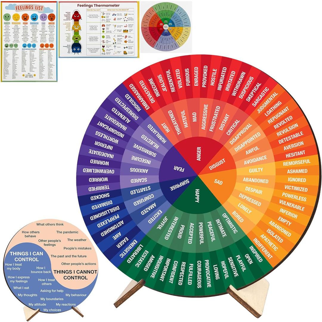 BOYESE Feelings Wheel Therapy Office Desk Decor, Double Sided Emotion Wheel Chart for Mental Health Decor, Counseling Office Must Haves, Therapist Gifts, Mental Health Feelings Chart (Wheel 10)