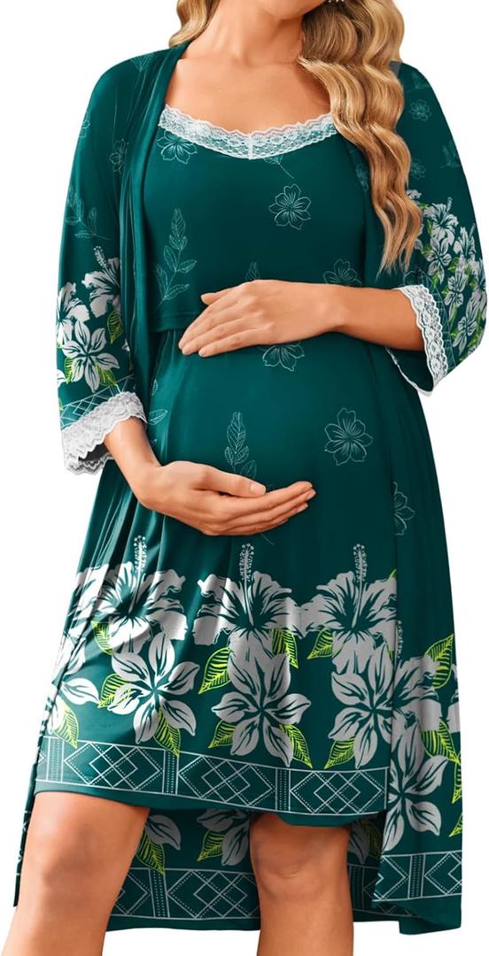 Ekouaer Women Lace Maternity Nursing Gown and 3/4 Sleeve Robe Set Double Layer Breastfeeding Nightgown Slip Dress & Bathrobe (Large, Lake Green Floral)