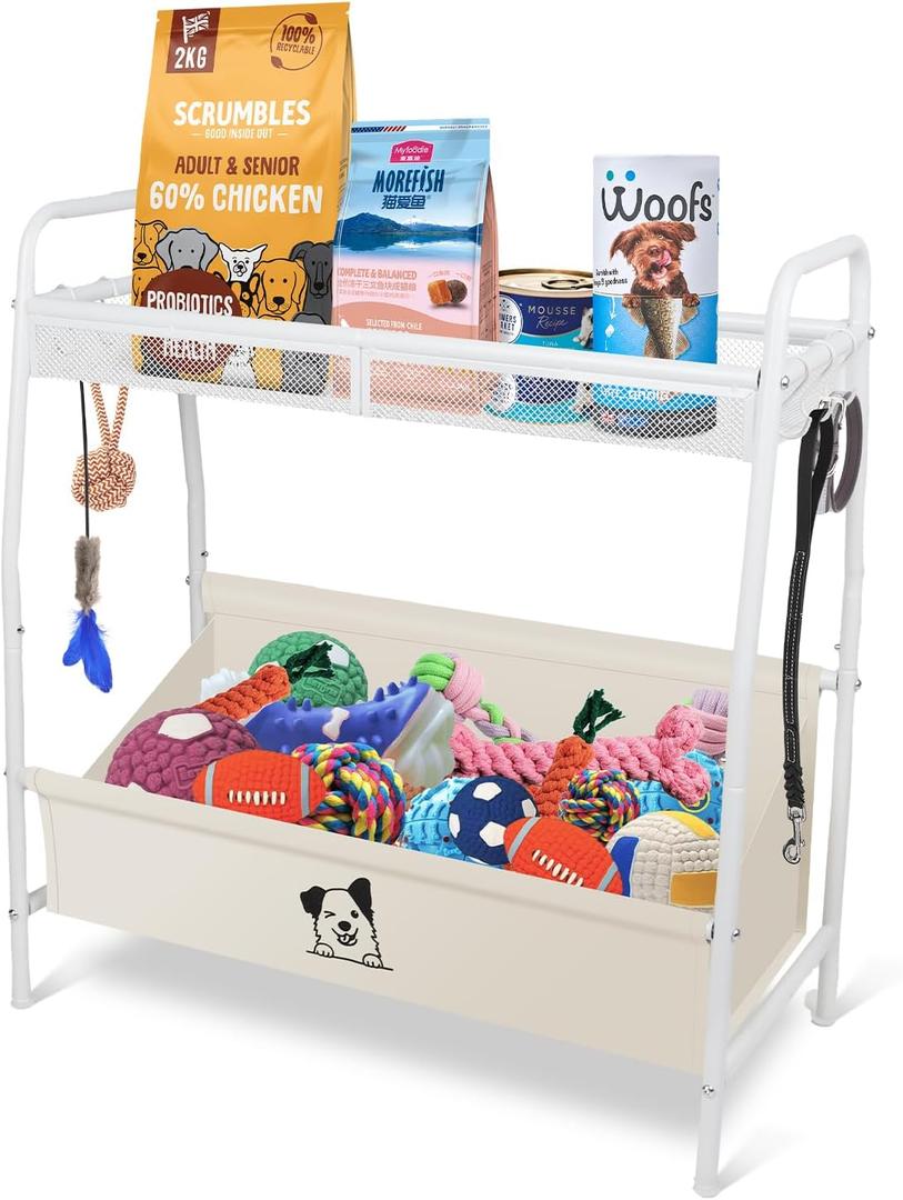 Large Dog Basket, Metal Oxford Puppy Bin with Storage Organizer, Trapezoid Doggy Bin for Living Room for Dog Lovers, White