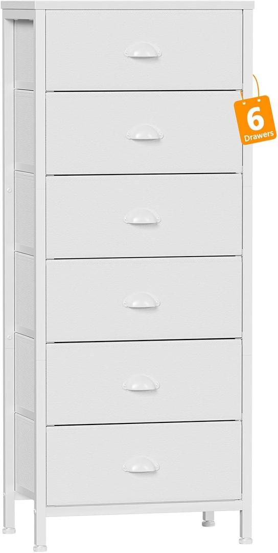 Furnulem White Tall Dresser for Bedroom,Vertical Storage Tower Unit and End Table with 6 Fabric Drawers, Nightstand Furniture with Drawer Organizer in Living Room, Closet, Entryway, Hallyway