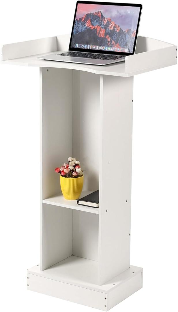 Podium Stand for Lectern Presentation Church Classroom, White Pulpit with Wooden Heavy Base, Podium for Lecture, Wedding Speech (White-elegant)