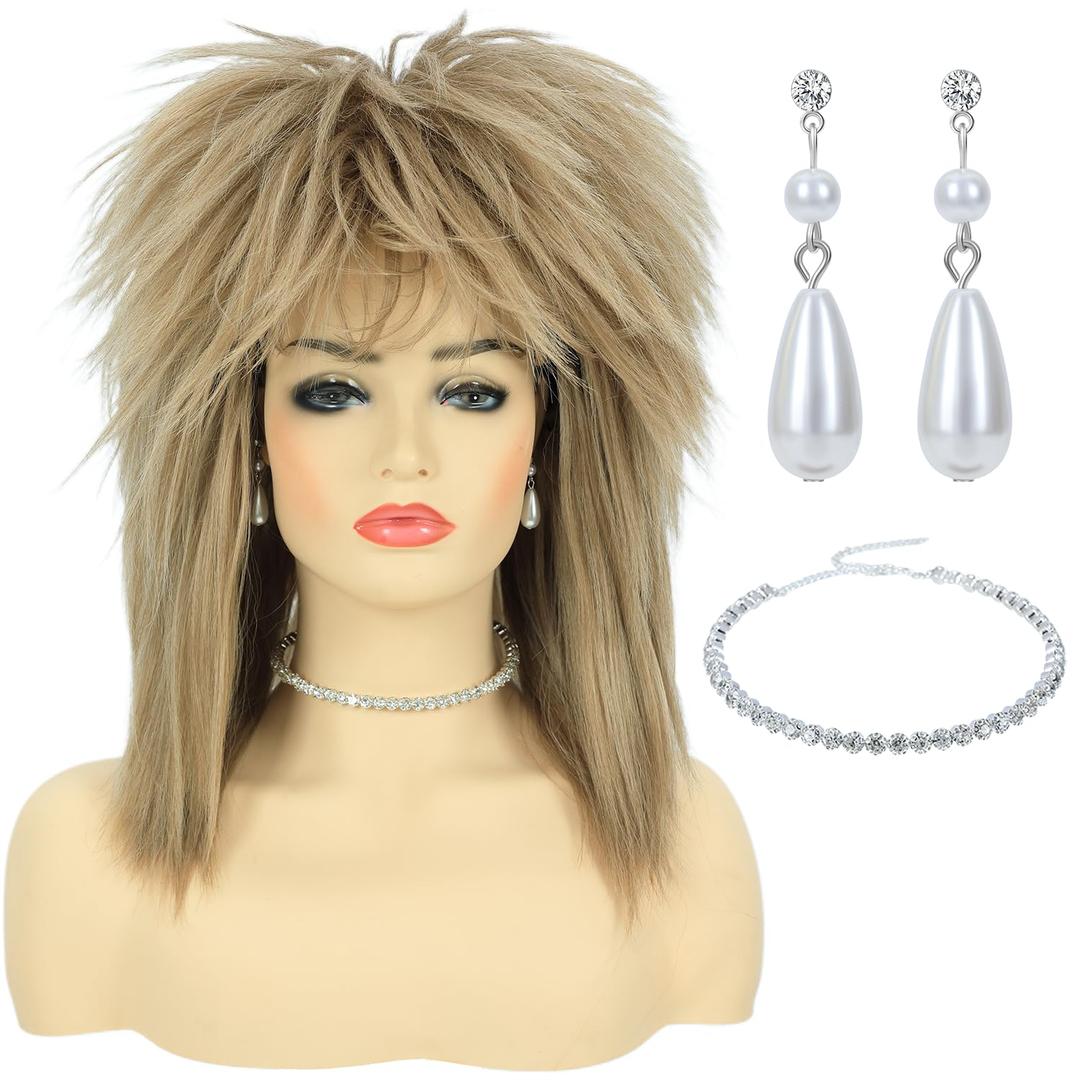 80s Womens Rock Diva Costume Wig with Necklace and Earring for Women Big Hair Blonde 70s 80s Rocker Mullet Wigs Glam Punk Rock Rockstar Cosplay Wig for Halloween Party (Light Blonde)