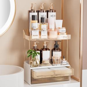 Delamu Bathroom Organizers and Storage, 2 Tier 2 Drawer Makeup Organizer Countertop, Easy to Install, Ideal for Bathroom Counter, Vanity, Ideal for Women Girls, Amber (2Drawers 1 Pack)