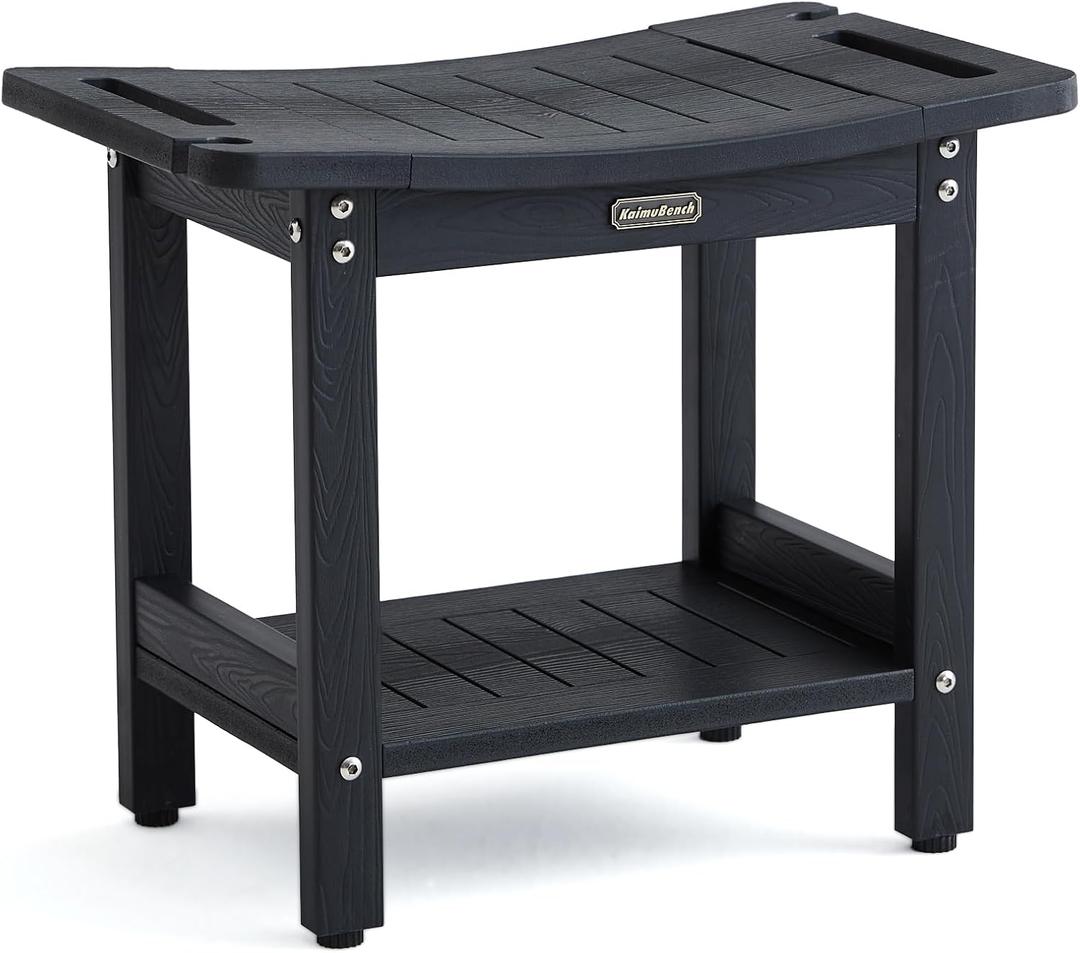 Shower Bench Seat for Shaving Legs, Waterproof Shower Stool for Inside Shower with Handles & Shower Head Holder, Bathroom Shower Chair, Black Shower Foot Rest with Adjustable Feet, Non-Slip