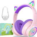 LOBKIN Kids Bluetooth Headphones,Over Ear Kids Headphones Wireless with Mic 50H Playtime Colorful LED Lights AUX Cord 94dB Safe Volume Limited Foldable Design for Boy Girl Travel/School/iPad (Pink Purple)