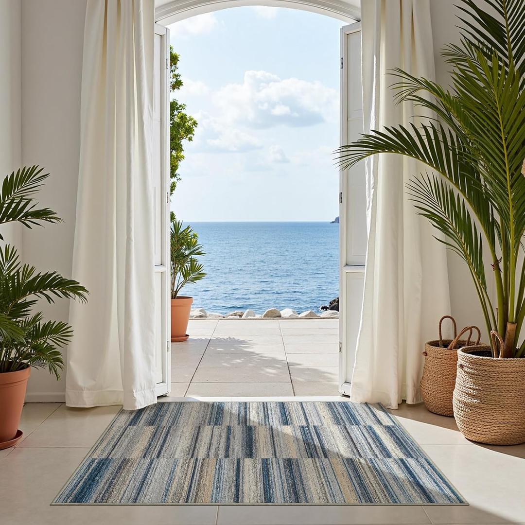 jinchan Geometric 3x5 Rug Washable Ultra-Thin Lightweight Non Slip Abstract Casual Throw Modern Area Rug Striped Carpet for Bedroom Bathroom Office Living Room, Blue