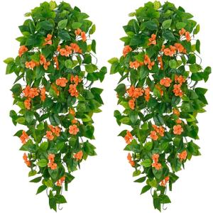 BLEUM CADE Artificial Hanging Flowers for Outdoors, 2pcs Fake Hanging Plants Pothos Vines with Orange Flowers for Wall Home Living Room Indoor Outdoor Fall Decor (No Baskets)
