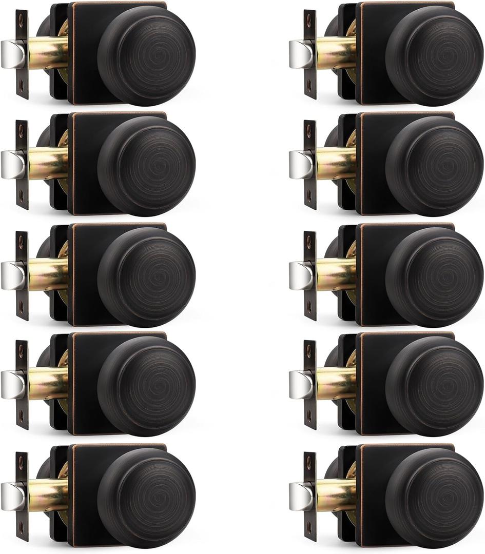 Probrico Oil Rubbed Bronze Square Door Knobs, Passage Door Knobs for Hallway&Closets, Interior Door Handles Stainless Steel, Modern Door Knobs with Square Rosette, 10 Pack