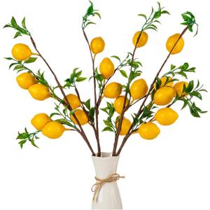 4Pcs Artificial Lemons Branch, 19 Inch Vivid Yellow Fake Lemons Branch with Green Leaf and Adjustable Branch, Lemon Decor for Home Kitchen, Graden, Office Desk, Party Summer Decorations