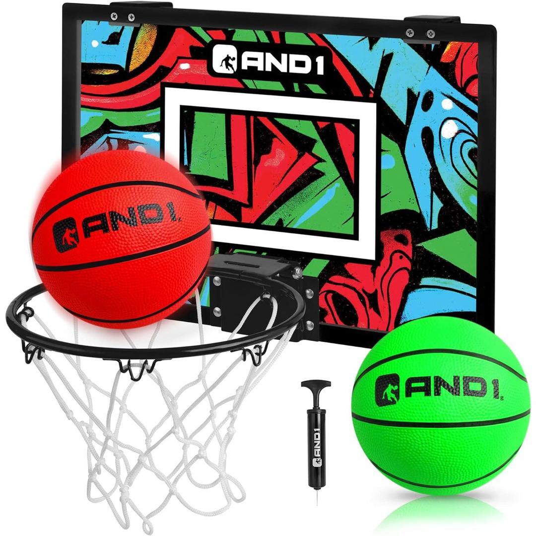 AND1 Over the Door Mini Basketball Hoop: 18x12 Shatterproof Backboard, 2 Mini Basketballs, and Hand Pump Included- Ultimate Indoor Basketball Accessory for Kids and Adults, No Tools Required (Orange/Light Blue)