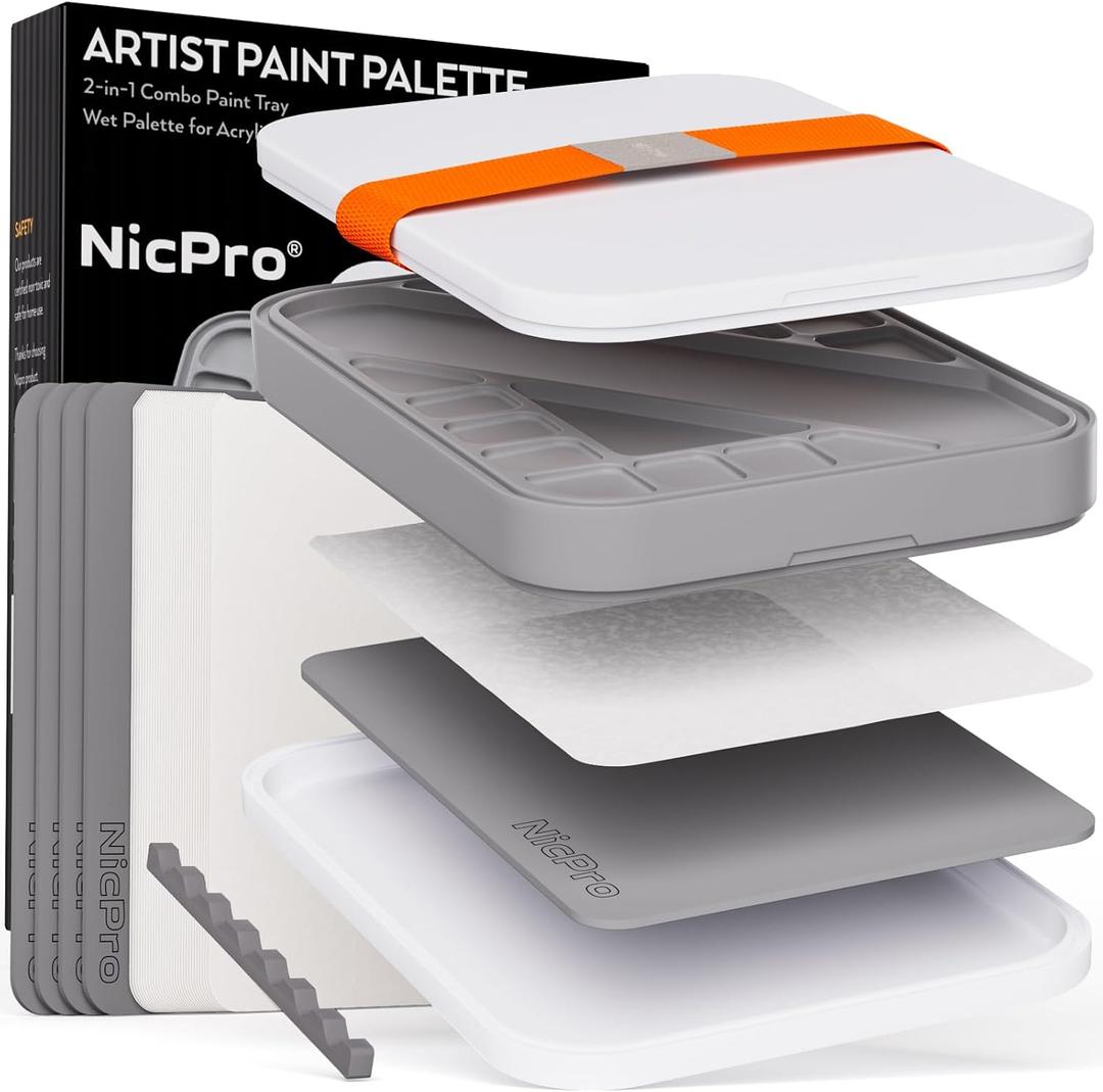 Nicpro Stay Wet Palette for Painting Miniature, Acrylic Paint Palette Tray with Lid, 100PCS Wet Pallet Paper, 4PCS Sponge, Brush Holder Paint Mixing Saver Palette for Miniature Model Paint (White)