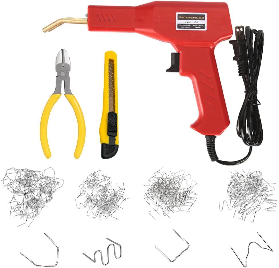 Car Plastic Welder, Vehicle Plastic Bumper Crack Repair Welder Gun Kit, 200PCS 4 Types Portable Automotive Hot Welding Staplers with Carry Case, Universal for SUV RV Truck